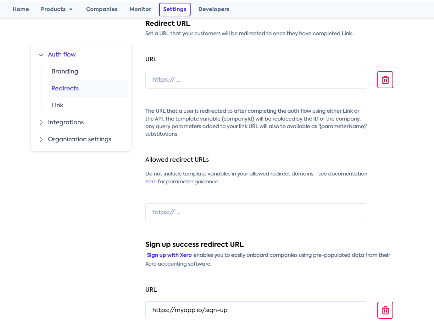 Sign Up success redirect URL